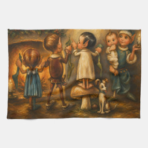 Whimsieke Vintage Kerstelfen Olie Schilderij Theedoek