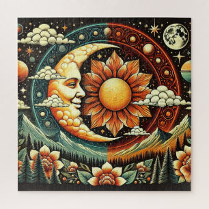 Whimsieke Zon en Maan in een Surrealistische Kosmo Legpuzzel