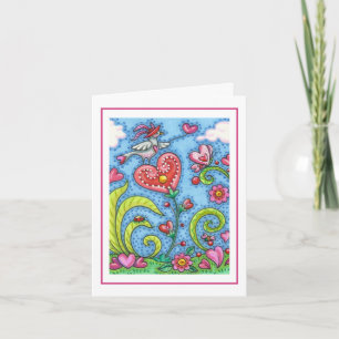 WHIMSIER VOLKSKUNST VOGEL, ROZE HARTEN TUIN Blanco Kaart
