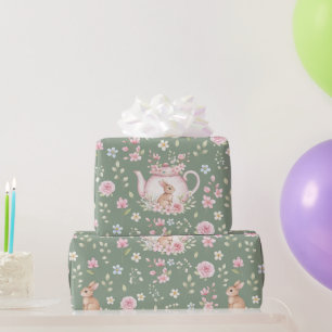 Whimsige Konijn Theekan Lente Bloemmotief Cadeaupapier