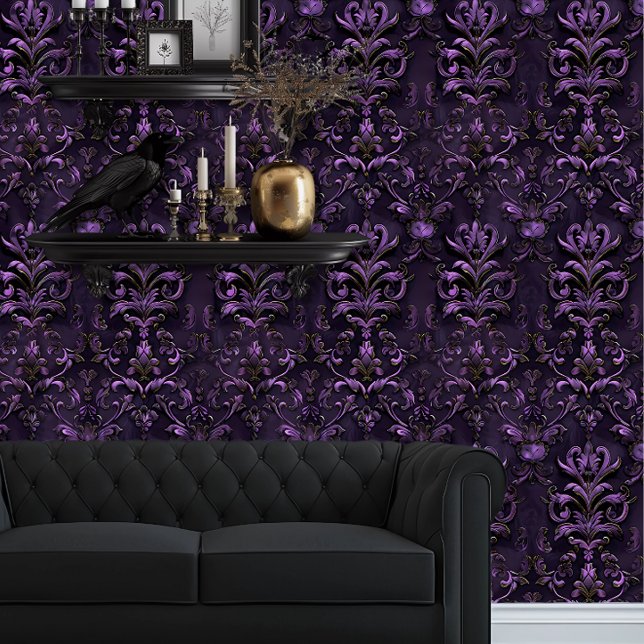 Whimsigoth Elegant Deep Paarse Behang (Whimsigoth Dark Purple & Black Damask wallpaper behind a black couch and black goth floating shelves)