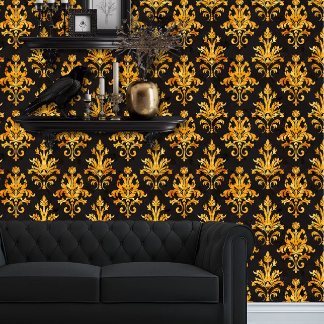 Whimsigoth Gold Fauna on Black Behang (Whimsigoth Yellow Damask on Black wallpaper behind a black couch.)