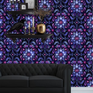 Whimsigoth Grote Blauwe en Paarse Bloemen Behang