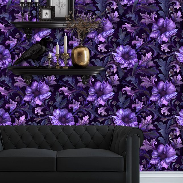 Whimsigoth Grote Paarse Bloemen Behang (Whimsigoth Dark Purple and Black floral wallpaper behind a black couch and goth floating shelves)