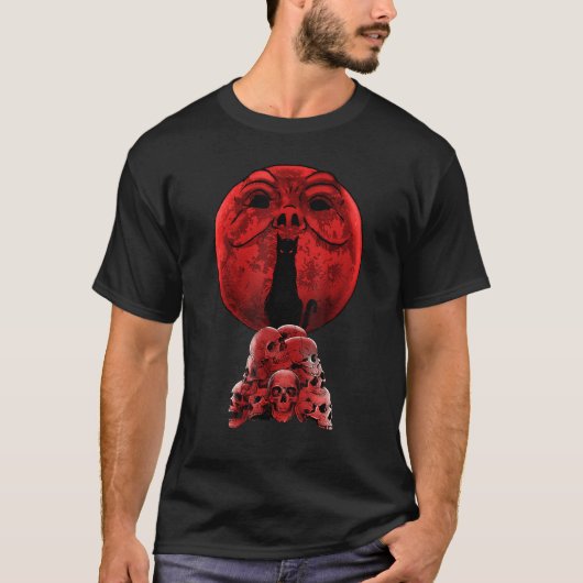 Whimsigoth Red Halloween Cat Skull Full Moon Gothi T-shirt (Voorkant)