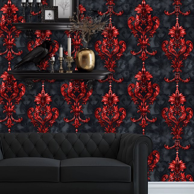 Whimsigoth Rood en Zwart Elegant Behang (Whimsigoth Black & Red Wallpaper behind a black couch and floating goth shelves.)