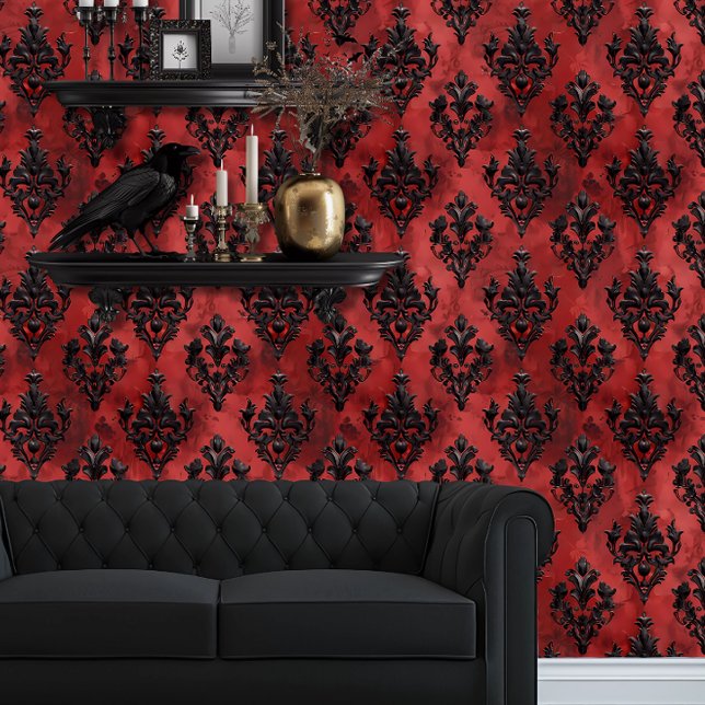 Whimsigoth rood en zwart  stijl behang (Whimsigoth Dark Red & Black Wallpaper behind a black couch and floating goth shelves.)