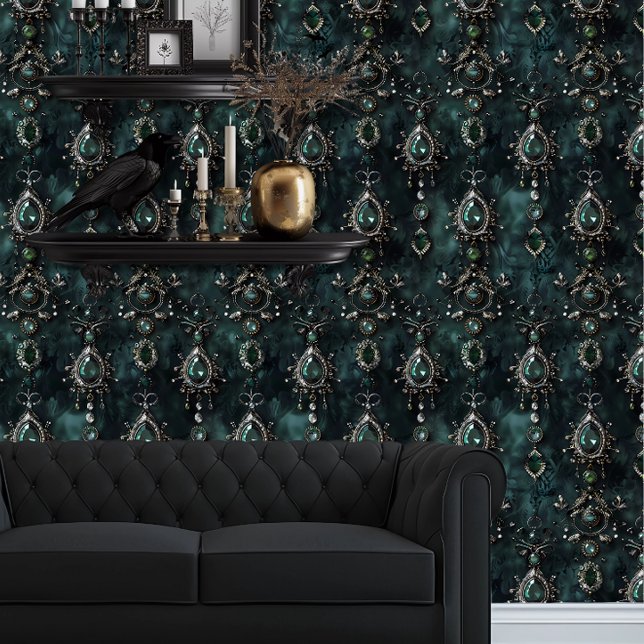 Whimsigoth Smaragd Groene Juwelen Behang (Whimsigoth Emerald Green Jewels wallpaper behind a black couch.)