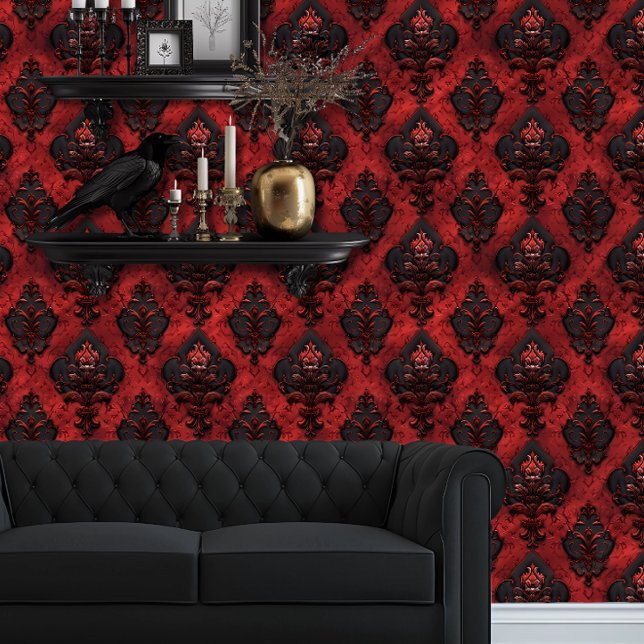 Whimsigoth Very Detailed Red and Black Behang (Whimsigoth Dark Red & Black Wallpaper behind a black couch and floating goth shelves.)