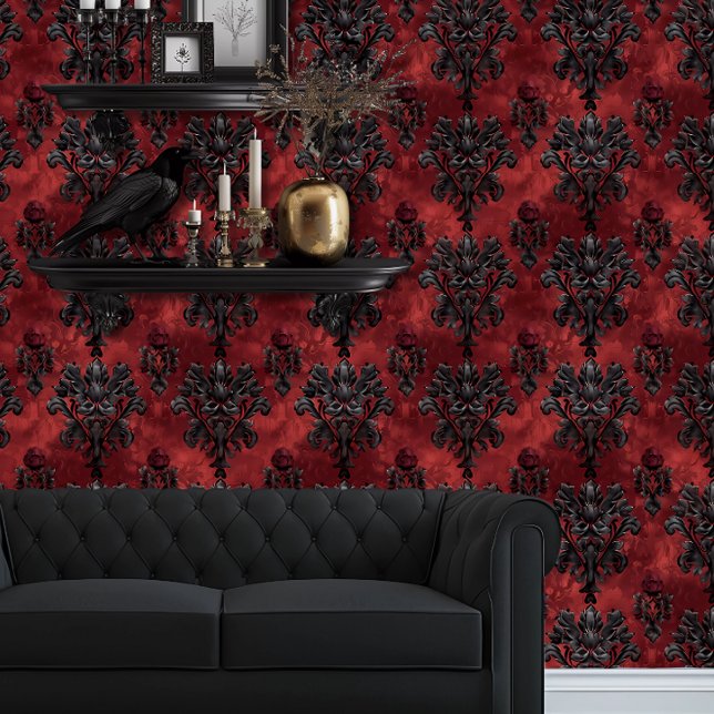 Whimsigoth Zwart op Red Fleur Behang (Whimsigoth Dark Red & Black Wallpaper behind a black couch and floating goth shelves.)