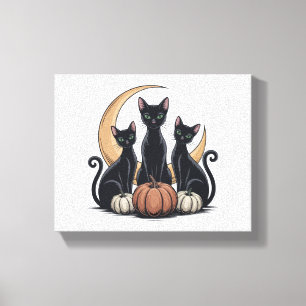Whimsigothic Zwarte Katten Pompoen Maan Halloween Canvas Afdruk