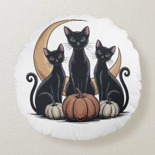 Whimsigothic Zwarte Katten Pompoen Maan Halloween Rond Kussen