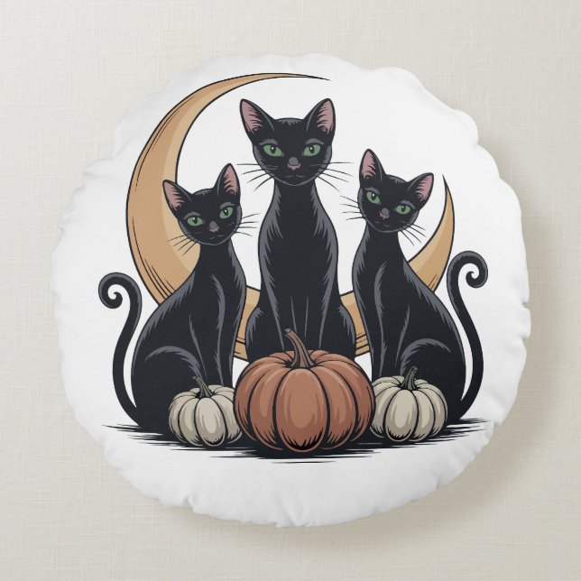 Whimsigothic Zwarte Katten Pompoen Maan Halloween Rond Kussen (Voorkant)