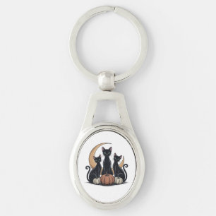Whimsigothic Zwarte Katten Pompoen Maan Halloween Sleutelhanger