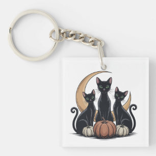 Whimsigothic Zwarte Katten Pompoen Maan Halloween Sleutelhanger