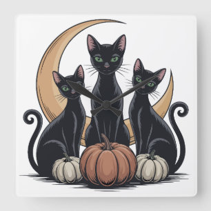 Whimsigothic Zwarte Katten Pompoen Maan Halloween Vierkante Klok