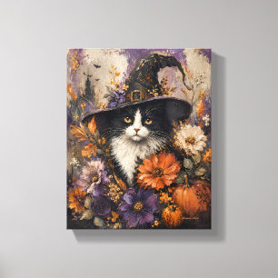 Whimsigotische Zwarte Kat Heksenhoed Herfst Bloem Canvas Afdruk