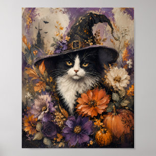 Whimsigotische Zwarte Kat Heksenhoed Herfst Bloems Poster