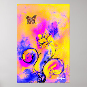 WHIMSIKE BLOEMEN & VLINDERS roze geel blauw Poster