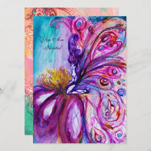 WHIMSIKE KUTE BLOEMENFEE IN ROZE, GOUDEN SPROKKELS KAART (Voorkant / Achterkant)