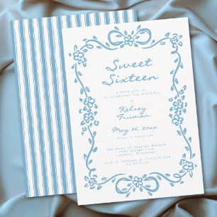 Whimsisch blauwe getekende bloemige Sweet Sixteen Kaart