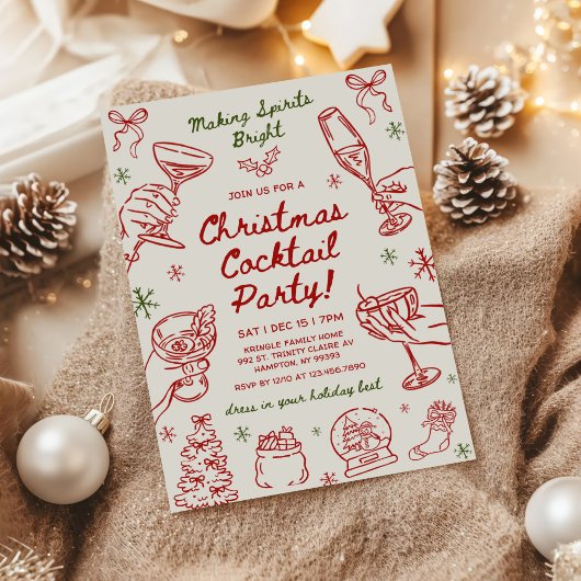 Whimsisch getekend kerstcocktailfeestje kaart