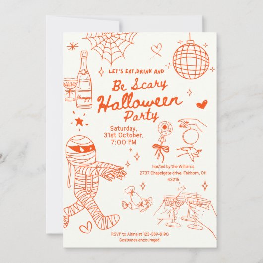 Whimsisch getekende Halloweenfeestje met Doodle Kaart (Voorkant)