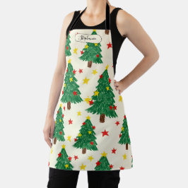 Whimsisch handgetekend kerstboompatroon persoon schort
