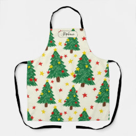 Whimsisch handgetekend kerstboompatroon persoon schort