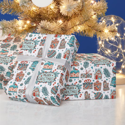 Whimsisch Kerstmis Doodle Patroon Cadeaupapier (Feestdagen)