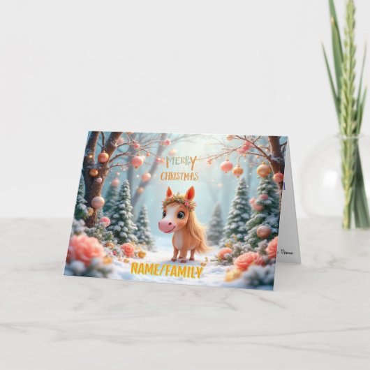 Whimsisch Kerstpony in Besneeuwd Bos Feestdagen Kaart (Voorkant)