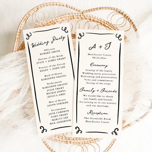 Whimsisch met de hand getekend huwelijksprogramma menu