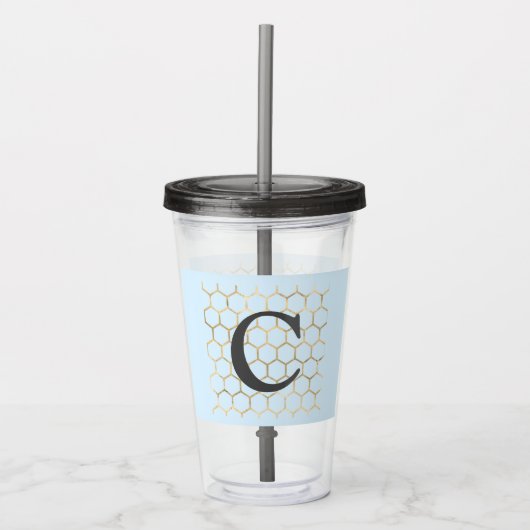 Whimsisch Pastelblauw Zeshoek Modern Monogram Acryl Drinkbeker (Voorkant)