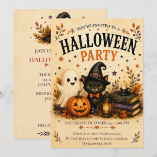 Whimsisch spook zwart kat Halloween-feest Kaart