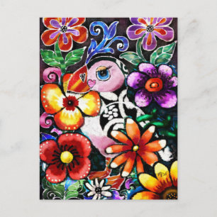 Whimsische abstracte papegaaiduiker in bloemen briefkaart