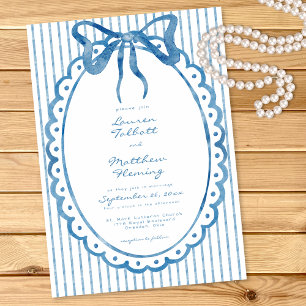 Whimsische blauwe aquarel lint streep bruiloft kaart