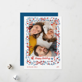 Whimsische blauwe rode Kerst fotokaart krans Feestdagenkaart