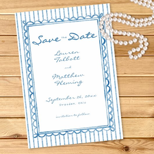 Whimsische Blauwe Witte Aquarel Streep Bruiloft Save The Date
