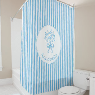 Whimsische blauwe witte streep preppy monogram douchegordijn