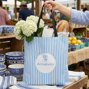 Whimsische blauwe witte streep preppy monogram tote bag
