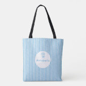 Whimsische blauwe witte streep preppy monogram tote bag (Achterkant)