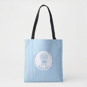 Whimsische blauwe witte streep preppy monogram tote bag (Voorkant)