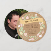 Whimsische bloemenkrans Save the Date foto (Voorkant / Achterkant)