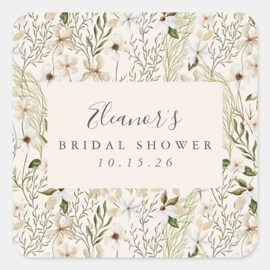 Whimsische Boho Groene Blad Bruiloft Borrel Vierkante Sticker (Voorkant)