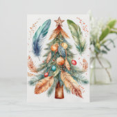 Whimsische Boho Kerstboomornamenten & Veren Feestdagenkaart (Staand voorkant)