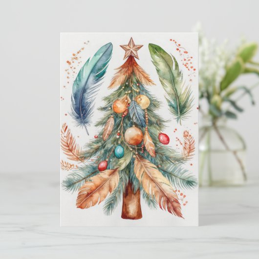 Whimsische Boho Kerstboomornamenten & Veren Feestdagenkaart (Staand voorkant)