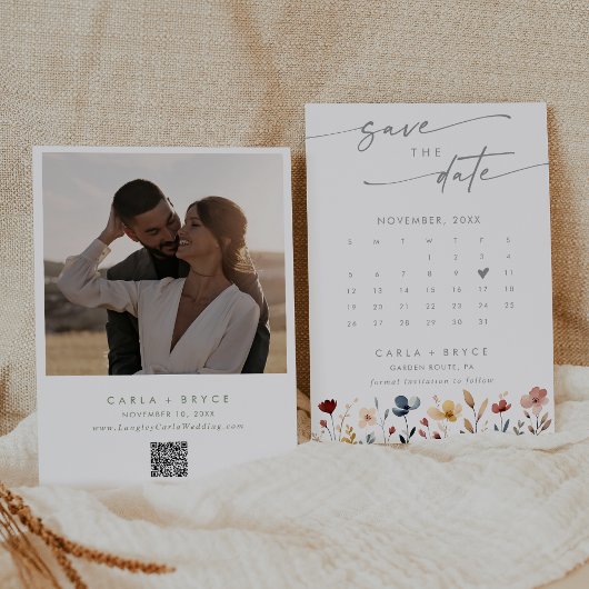 Whimsische Boho Wilde Bloem QR Code Foto Agenda Save The Date
