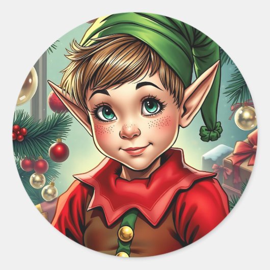 Whimsische Cartoon Elf | Kerstmis Ronde Sticker (Voorkant)