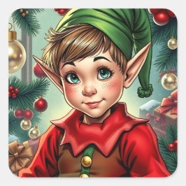 Whimsische Cartoon Elf | Kerstmis Vierkante Sticker