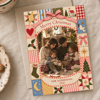 Whimsische Cottagecore Dekbed Kerst Familie Foto Feestdagenkaart